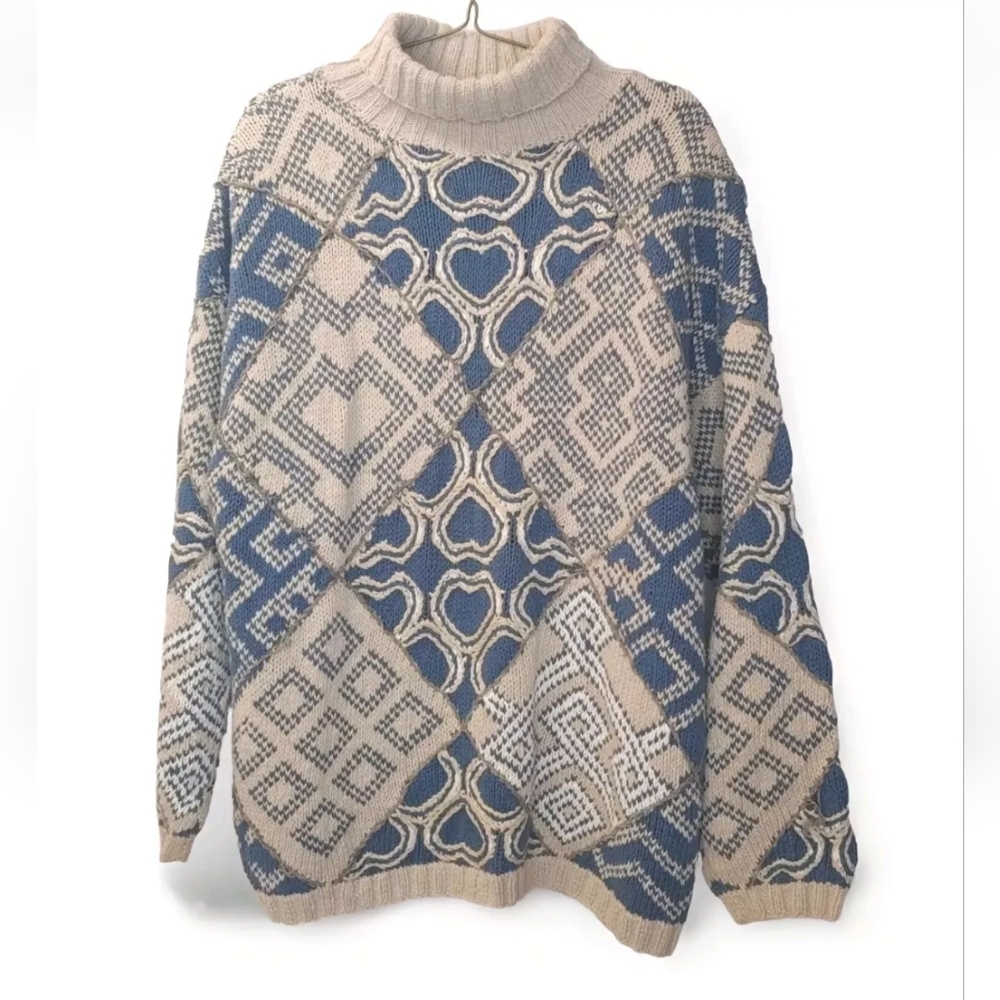 Express Tricot 3D Handknitted Patchwork Sweater Large Geometric Y2k Vintage 90s